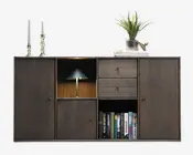 Reolopstilling med døre og skuffer røget eg