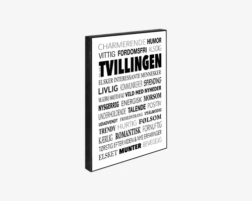 Rektangulært vægkunst med sort ramme og hvid baggrund, der viser en række danske ord og sætninger i forskellige skrifttyper og størrelser. Teksten er arrangeret på en visuelt interessant måde, hvor ordet 'TVILLINGEN' står tydeligt i store, fede bogstaver midt på plakaten. Andre ord beskriver personlighedstræk og karakteristika som 'charmerende', 'humor', 'energisk' og 'nysgerrig'. Designet er moderne og typografisk, hvilket gør det velegnet til nutidig boligindretning.