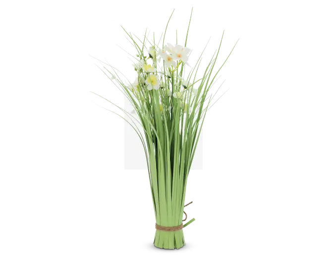 Et bundt lange, slanke grønne stilke bundet sammen med en brun snor, med fine hvide og gule blomster i toppen. Arrangementet har et naturligt, friskt udseende med tynde, græsagtige blade blandet mellem blomsterne.