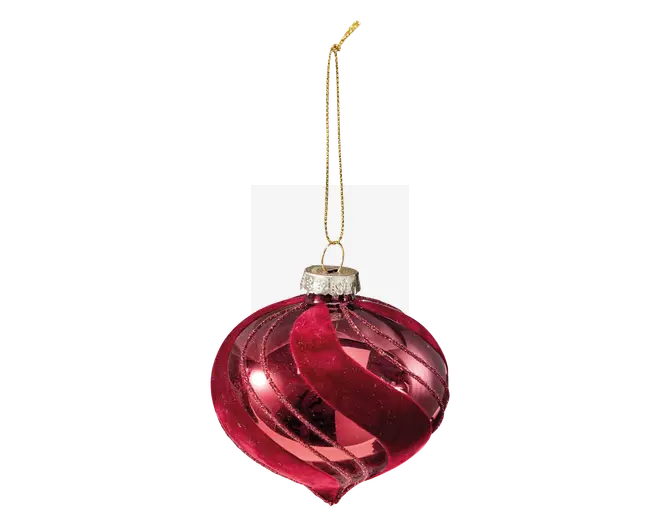 Rund julekugle med en blank, reflekterende rød overflade og et spiralformet mønster, der snor sig rundt om kuglen. Den har en sølvfarvet metalhætte foroven og en gylden ophængssnor, så den let kan hænges op. Kuglen har en glat finish med et dekorativt snoet design, der giver et festligt udtryk.
