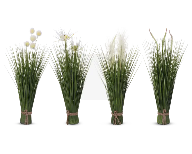 Fire bundter kunstigt græs med forskellige hvide accentblomster, hver bundet i bunden med naturfarvet snor. Græsstråene er lange og slanke, og blomsterne varierer i form, herunder runde pompon-klaser, fine stjerneformede blomster, fjeragtige duske og elegante calla-lignende former. Udtrykket er friskt og naturligt, velegnet til dekorative arrangementer.