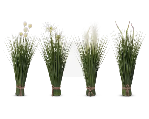 Fire bundter kunstigt græs med forskellige hvide accentblomster, hver bundet i bunden med naturfarvet snor. Græsstråene er lange og slanke, og blomsterne varierer i form, herunder runde pompon-klaser, fine stjerneformede blomster, fjeragtige duske og elegante calla-lignende former. Udtrykket er friskt og naturligt, velegnet til dekorative arrangementer.