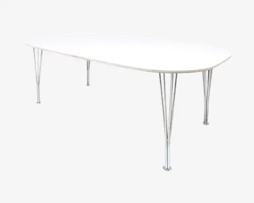 Et moderne bord med en glat, hvid, oval bordplade og seks slanke ben i kromfinish, arrangeret i par for ekstra stabilitet. Bordet har rene linjer og et minimalistisk design, der passer til moderne indretning.