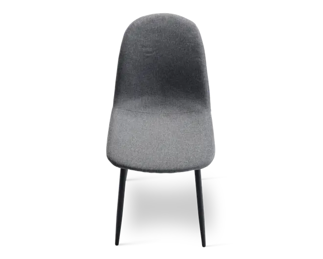 Moderne stol med buet, polstret ryglæn og sæde betrukket med mørkegråt stof. Stolen har slanke, sorte metalben, der er let udadgående, hvilket giver et stilrent og minimalistisk udtryk. Sæde og ryglæn er glat formet for øget komfort.