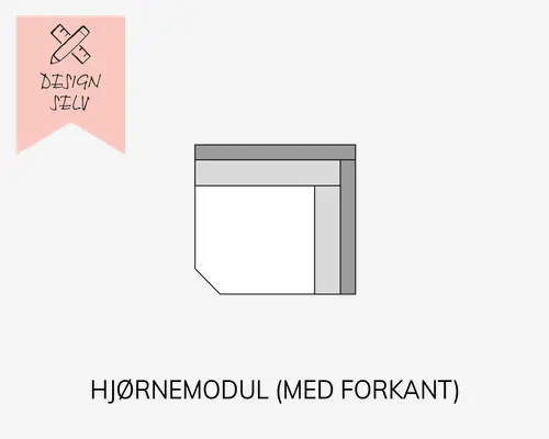 Et skematisk billede, der viser et rektangulært objekt med en kant på tre sider og et diagonalt snit i nederste venstre hjørne. Kanten er markeret med grå farve, mens hovedområdet er hvidt. Billedet indeholder også et lyserødt banner med et ikon af en blyant og lineal samt teksten 'DESIGN SELV', hvilket indikerer en mulighed for selv at designe produktet.