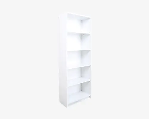 Høj, rektangulær reol med en glat, hvid overflade. Har fem jævnt fordelte hylder, der giver god lodret opbevaringsplads. Designet er minimalistisk med rene, lige kanter, velegnet til moderne indretning. Hylderne virker solide og er fastmonterede, ideelle til organisering af bøger, dekoration eller kontorartikler.