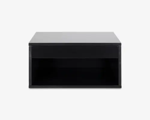 Rektangulært bord med mat sort finish, udstyret med en bred skuffe øverst og en åben hylde nedenunder. Designet er minimalistisk med rene, lige linjer og et solidt, robust udtryk. Skuffen har ingen synlige greb, hvilket giver et stilrent og moderne udseende.
