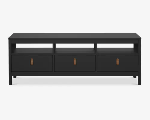 Rektangulær sort bænk med tre rummelige skuffer nederst, hver med en brun lædertrækstap. Over skufferne er der tre åbne rum til ekstra opbevaring eller udstilling. Bænken har et moderne, minimalistisk design med rene linjer og solide ben.
