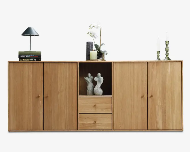 Reolopstilling med døre og skuffer oileret eg