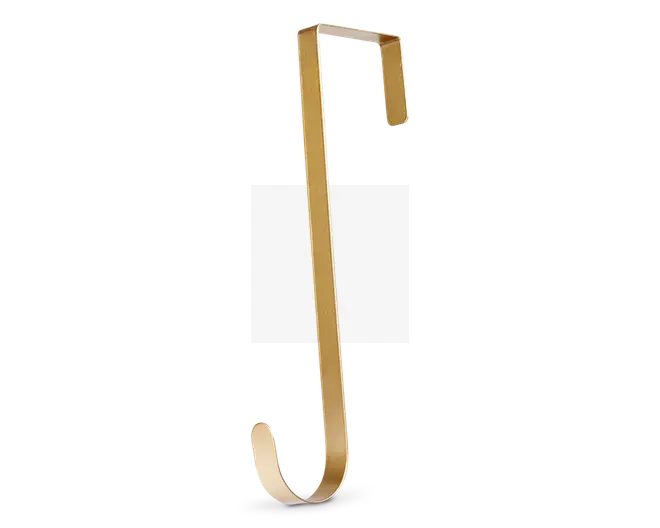 Slank, metalisk krog med guldfinish, designet til at hænge over toppen af en dør. Krogen har en flad, rektangulær profil med en retvinklet bøjning øverst for sikker placering og en glat, afrundet bue nederst til ophængning af genstande. Overfladen fremstår glat og poleret, hvilket giver et moderne og elegant udseende.