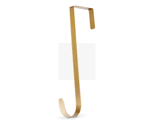 Slank, metalisk krog med guldfinish, designet til at hænge over toppen af en dør. Krogen har en flad, rektangulær profil med en retvinklet bøjning øverst for sikker placering og en glat, afrundet bue nederst til ophængning af genstande. Overfladen fremstår glat og poleret, hvilket giver et moderne og elegant udseende.