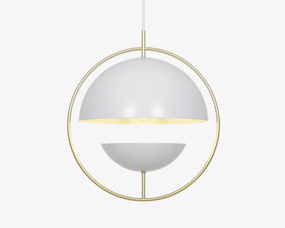 Loftlampe med et moderne, geometrisk design bestående af to hvide halvkugleformede skærme, der vender mod hinanden og er ophængt i en cirkulær ramme af gyldent metal. Lampen hænger fra en central stang, og det åbne rum mellem skærmene giver lys mulighed for at sprede sig både opad og nedad, hvilket skaber et stilfuldt og nutidigt udtryk.