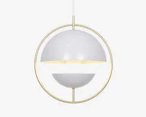 Loftlampe med et moderne, geometrisk design bestående af to hvide halvkugleformede skærme, der vender mod hinanden og er ophængt i en cirkulær ramme af gyldent metal. Lampen hænger fra en central stang, og det åbne rum mellem skærmene giver lys mulighed for at sprede sig både opad og nedad, hvilket skaber et stilfuldt og nutidigt udtryk.