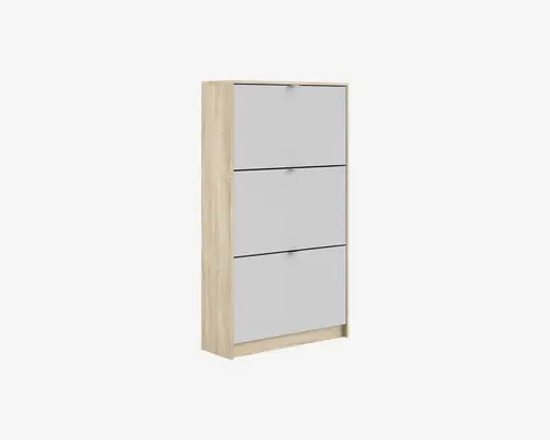 Høj, rektangulær opbevaringsenhed med en ramme i lyst træ og tre store, flade fronter i mat grå. Hver front har en diskret vandret rille til åbning, hvilket giver enheden et minimalistisk og moderne udtryk. Sider og top er i naturtræ, som står i kontrast til de glatte grå fronter.