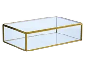 Rektangulær udstillingsboks med klare glasplader på alle sider og en guldfarvet metalramme. Boksen har et hængslet låg for nem adgang og et minimalistisk, moderne design. Velegnet til at fremvise samlerobjekter, smykker eller dekorative genstande, mens de holdes beskyttet og synlige.