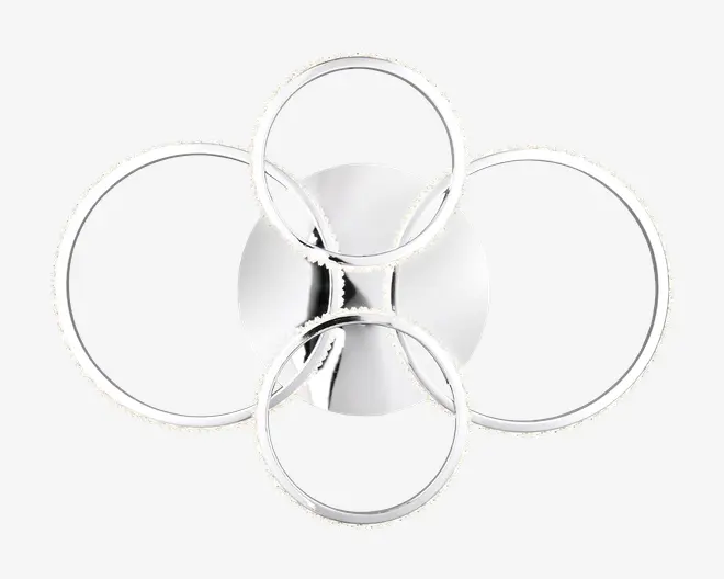 Elegant, moderne vægmontering med en blank kromfinish. Designet består af en central, rund base med fire store, jævnt fordelte ringe, der stråler udad og skaber et geometrisk og symmetrisk udtryk. Ringene er sømløst fastgjort til basen, hvilket giver et nutidigt og minimalistisk look. Den reflekterende overflade forstærker det visuelle udtryk og gør den velegnet til moderne indretning.