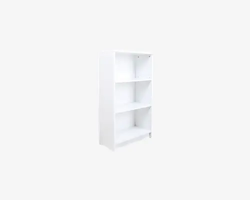 En hvid reol med tre åbne hylder. Designet er enkelt og moderne med rene linjer og en glat overflade. Hylderne er jævnt fordelt og giver god opbevaringsplads til bøger, dekoration eller andre genstande. Reolen står lodret og har en solid, rektangulær ramme.
