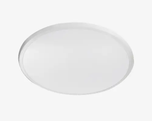 Et rundt, fladt, hvidt bakke med en let forhøjet kant. Overfladen er glat og blank, og designet er minimalistisk uden synlige mønstre eller dekorationer.
