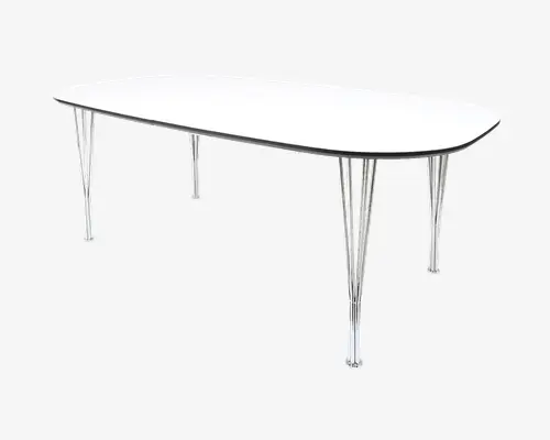 Et stort, rektangulært bord med afrundede hjørner og en glat, hvid bordplade. Bordet har en tynd, sort kantliste og understøttes af seks slanke, forkromede metalben, der er let skråtstillede for stabilitet. Designet er moderne og minimalistisk, velegnet til mødelokaler eller fællesområder.