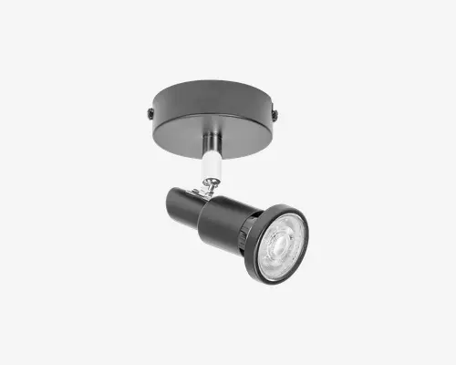 Loftmonteret spotlys med cylindrisk sort metalhus og justerbart hoved, så lyset kan rettes i ønsket retning. Lampen har en rund base for sikker montering og et stilrent, moderne design. Spotlyset bruger en udskiftelig pære, som er synlig gennem den klare linse foran.