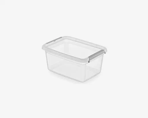 Gennemsigtig, rektangulær plastikbeholder med hvidt låg. Låget har en sikker lukkemekanisme på siderne, der sikrer lufttæt forsegling. Beholderen er gennemsigtig, så indholdet er let at se, og har glatte sider og afrundede hjørner for nem rengøring.