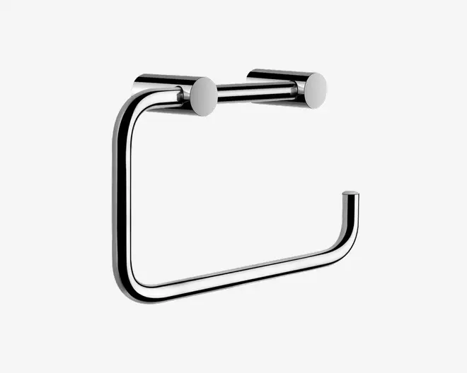 Vægholder i poleret krommetal med et minimalistisk, åbent rektangulært design. Har to runde monteringspunkter og en vandret stang med hævet ende, der sikrer fastgørelse af en rulle. Den glatte, blanke overflade giver et moderne udtryk, og den åbne side gør det nemt at udskifte rullen.
