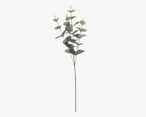 Kunstig eucalyptusgren med flere runde, matgrønne blade, der sidder skiftevis langs stilken. Toppen af grenen har små, lysegule blomsterknopper, som giver et realistisk udtryk. Udseendet er naturtro og egner sig godt til dekorative arrangementer.