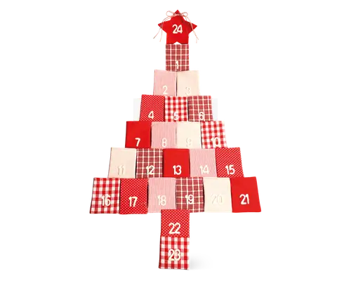 Et sæt af 24 små stofposer arrangeret som et juletræ, hvor hver pose har et forskelligt rødt, hvidt eller ternet mønster og er nummereret fra 1 til 24 med hvidt eller rødt tryk. Poserne lukkes foroven og kan fyldes med små gaver eller godter. Nummer 24-posen er placeret øverst som en stjernetop, og poserne er lavet af en blanding af ensfarvet, stribet og prikket stof.