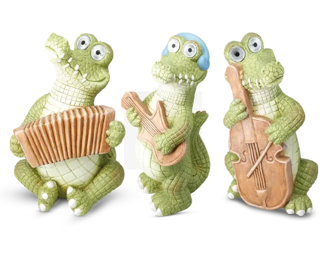Tre finurlige krokodillefigurer med overdrevne, tegneserieagtige træk og store, runde øjne. Den ene krokodille holder et harmonika, den anden spiller guitar og har blå hovedtelefoner på, og den tredje holder en cello. Alle figurerne har en grøn, tekstureret krop med hvid bug og er placeret, som om de optræder med musik sammen.