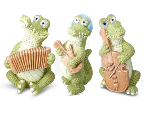 Tre finurlige krokodillefigurer med overdrevne, tegneserieagtige træk og store, runde øjne. Den ene krokodille holder et harmonika, den anden spiller guitar og har blå hovedtelefoner på, og den tredje holder en cello. Alle figurerne har en grøn, tekstureret krop med hvid bug og er placeret, som om de optræder med musik sammen.
