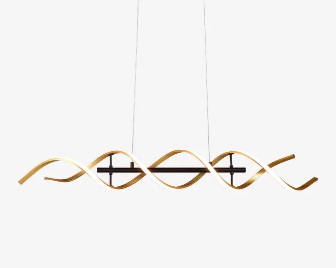 Moderne pendellampe med et dobbelt helix-bølgedesign og integreret LED-belysning. Lampen hænger fra loftet i to tynde, justerbare kabler. Lysstriben er indrammet i en varm, guldfarvet ramme, hvilket giver et skulpturelt og nutidigt udtryk. Velegnet til spiseområder eller moderne interiør, hvor den både fungerer som belysning og dekorativt element.