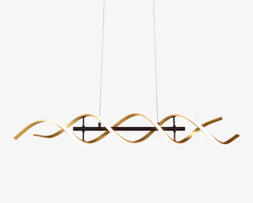 Moderne pendellampe med et dobbelt helix-bølgedesign og integreret LED-belysning. Lampen hænger fra loftet i to tynde, justerbare kabler. Lysstriben er indrammet i en varm, guldfarvet ramme, hvilket giver et skulpturelt og nutidigt udtryk. Velegnet til spiseområder eller moderne interiør, hvor den både fungerer som belysning og dekorativt element.