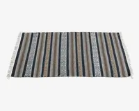 Rektangulært vævet tekstil med skiftende lodrette striber i sort, brun, beige og hvid. Nogle striber har indviklede geometriske mønstre, mens andre er ensfarvede eller diskret teksturerede. Begge korte sider er afsluttet med hvide frynser.