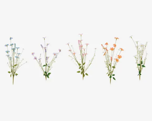 Sæt med fem kunstige blomsterstilke, hver med fine små blomster i forskellige pastelfarver: blå, lilla, lyserød, fersken og hvid. Hver stilk har flere grene med klynger af små blomster og grønne blade, hvilket giver et blødt og naturligt udtryk. Blomsterne er jævnt fordelt langs stilkene, hvilket gør dem velegnede til dekorative arrangementer.