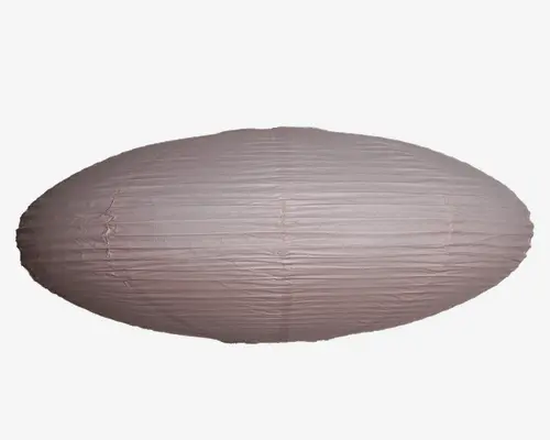 Ovalt lampeskærm lavet af tyndt, gennemsigtigt materiale med vandrette ribber. Overfladen er glat med lette folder, og farven er en afdæmpet, blød grå. Designet er minimalistisk og moderne, velegnet til at sprede lyset jævnt.