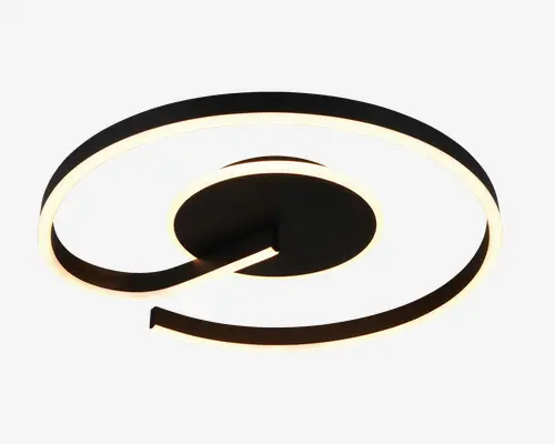 Moderne loftlampe med et elegant, cirkulært design og en sammenhængende LED-stribe indlejret langs den indvendige kant. Lampen har en mat sort finish, og LED-lyset udsender et blødt, varmt hvidt skær. Den spiralformede konstruktion giver et nutidigt og kunstnerisk udtryk, perfekt til stilfulde indretninger.