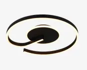 Moderne loftlampe med et elegant, cirkulært design og en sammenhængende LED-stribe indlejret langs den indvendige kant. Lampen har en mat sort finish, og LED-lyset udsender et blødt, varmt hvidt skær. Den spiralformede konstruktion giver et nutidigt og kunstnerisk udtryk, perfekt til stilfulde indretninger.
