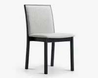 En moderne stol med lysgråt polstret sæde og ryglæn, betrukket med et diskret tekstureret stof. Stolen har let skråt ryglæn for øget komfort og står på fire lige, sorte træben. Designet er minimalistisk og egner sig til både spisebord eller kontor.