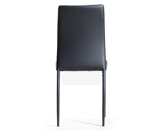 Stol med et slankt, minimalistisk design, der har en glat, sort kunstlæderpolstret ryg og sæde. Ryglænet er let vinklet for komfort, og stolen har slanke, lige metalben med mat sort finish. Det samlede udtryk er moderne og stilrent, velegnet til nutidige indretninger.