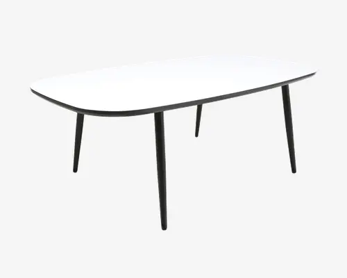 Rektangulært bord med afrundede hjørner, glat hvid bordplade og en slank sort kant. Bordet står på fire slanke, skråtstillede sorte metalben, hvilket giver det et moderne og minimalistisk udtryk.