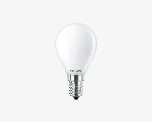 Mat glas pære med afrundet, dråbeformet design. Pæren har en metal skruefatning for nem montering og mærket 'Philips' trykt nær bunden. Overfladen er glat og uigennemsigtig, hvilket giver en jævn lysfordeling, når den er tændt.