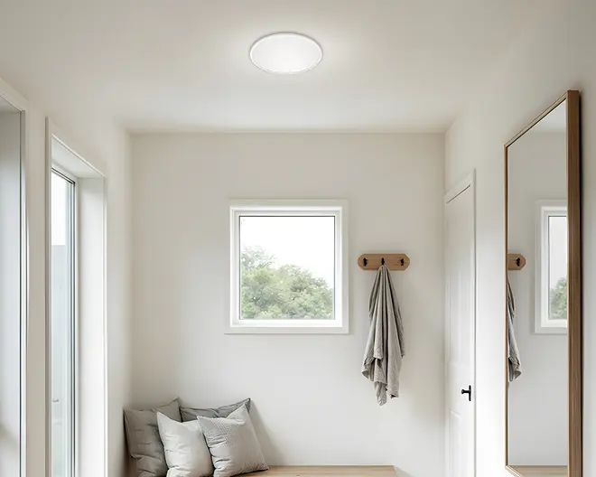 Rund, plan loftlampe med hvid, frostet diffuser og smal sølvkant.
