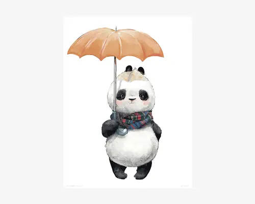 Illustration af en sød panda med rund krop, der holder en orange paraply over hovedet. Pandaen har et farverigt, ternet tørklæde i blå, rød og grøn samt en lille klokke fastgjort til tørklædet. Pandaen har et venligt udtryk med lyserøde kinder og står oprejst på to ben.