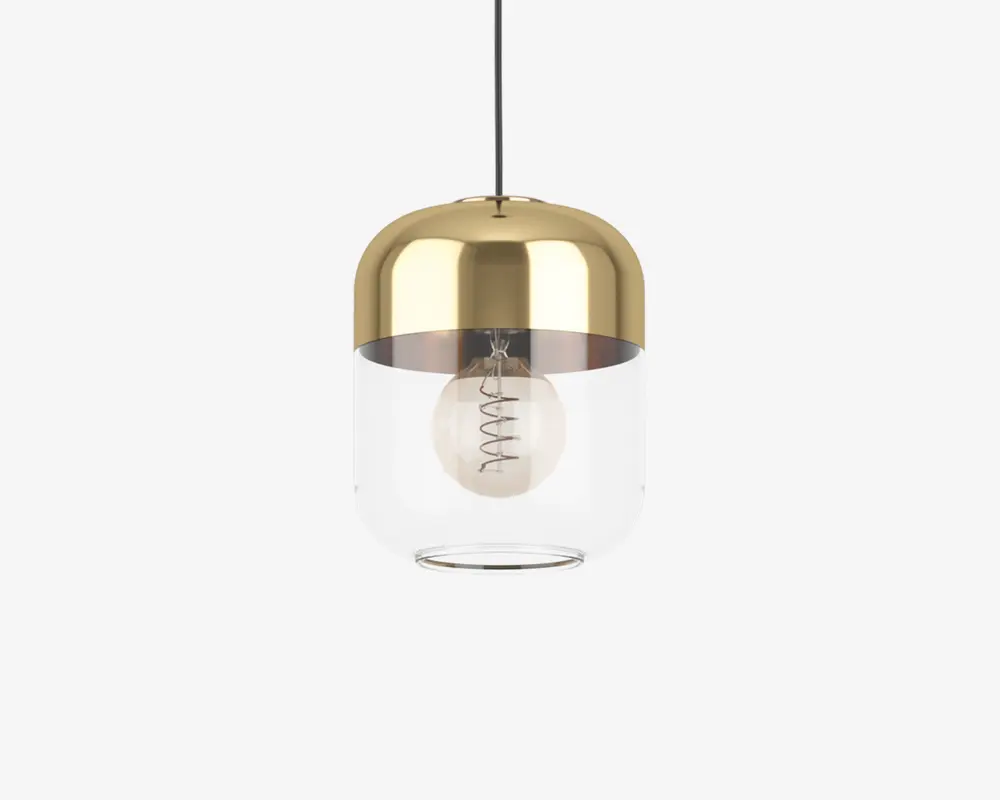 Hængelampe med cylindrisk glasskærm, hvor den nederste halvdel er klar og den øverste halvdel er i metallisk guld. Pæren er synlig indeni, hvilket giver et moderne og minimalistisk udtryk. Lampen hænger i en sort ledning.