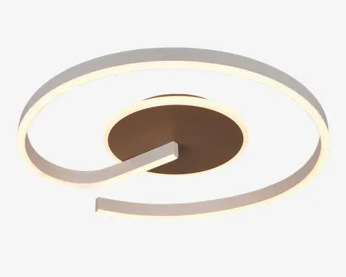 Moderne loftlampe med et cirkulært, spiralformet design og en mat brun midterbase. Lyskilden danner en sammenhængende, åben ring med en elegant hvid finish, der udsender et blødt og jævnt lys langs hele længden. Det minimalistiske udtryk og den geometriske form gør lampen velegnet til moderne indretning.