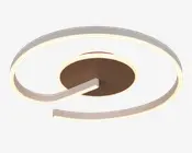 Moderne loftlampe med et cirkulært, spiralformet design og en mat brun midterbase. Lyskilden danner en sammenhængende, åben ring med en elegant hvid finish, der udsender et blødt og jævnt lys langs hele længden. Det minimalistiske udtryk og den geometriske form gør lampen velegnet til moderne indretning.