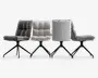 Fire moderne stole med blød, polstret og kvadratsyet betræk i forskellige grå nuancer, med tykke, komfortable sæder og rygstøtter. Hver stol har en robust sort metalbase med fire skråtstillede ben, hvilket giver stabilitet og et moderne udtryk. Stofstrukturen er synligt blød og vævet, og stolene vises fra flere vinkler for at fremhæve designet.