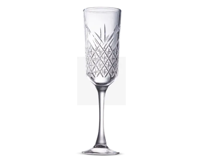 Klar glas med høj, slank skål og lang stilk. Skålen har et indviklet diamantmønster med lodrette og krydsende linjer, hvilket giver et tekstureret og elegant udseende. Bunden er flad og rund for stabilitet. Velegnet til servering af mousserende drikke.