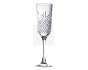 Klar glas med høj, slank skål og lang stilk. Skålen har et indviklet diamantmønster med lodrette og krydsende linjer, hvilket giver et tekstureret og elegant udseende. Bunden er flad og rund for stabilitet. Velegnet til servering af mousserende drikke.