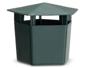 Sekskantet mørkegrøn beholder med bredt, skråt tag og åbne sider nær toppen for ventilation. Designet er robust og vejrbestandigt, velegnet til udendørs brug. Den glatte overflade og kantede form giver et moderne udseende.